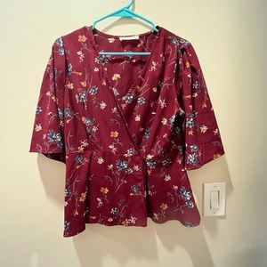 Red floral faux-wrap shirt